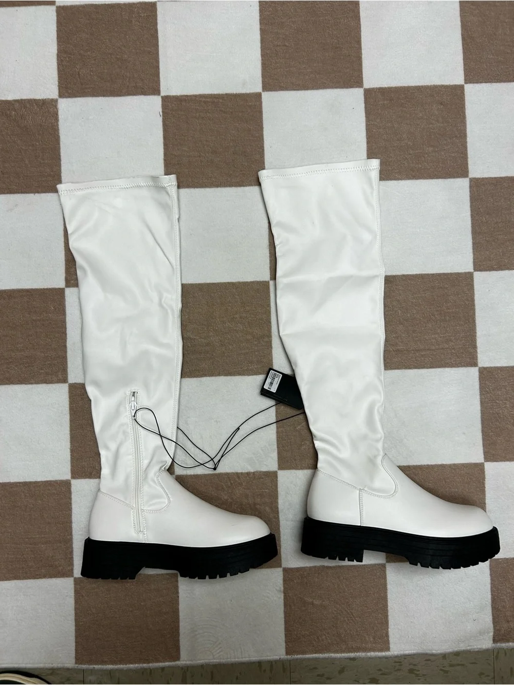 Women’s White Knee-High Platform Boots with Black Lug Sole